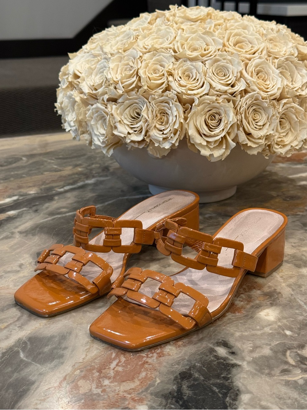 Intentionally Blank The Sharpy Brown Patent Leather Block Heel Sandals Size 39